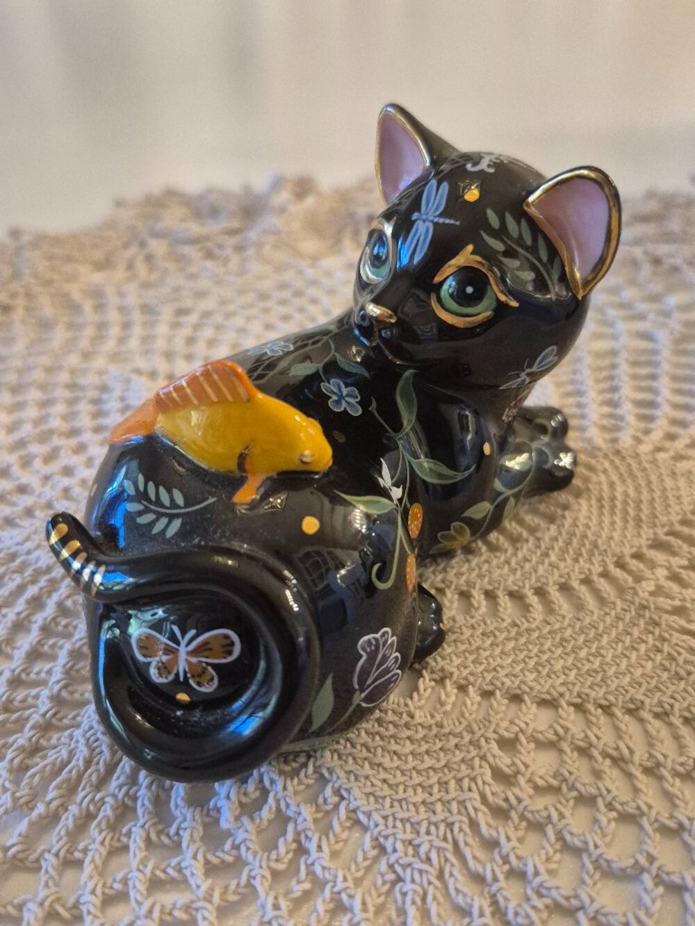 Beautiful Black Cat Hand Painted Porcelain Figurine